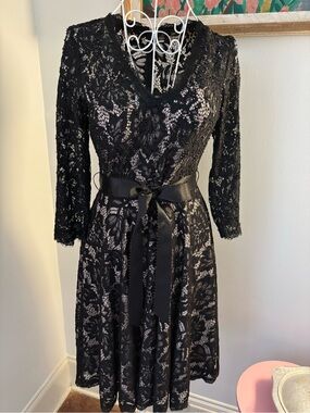 Black Lace V-Neck 3/4 Sleeve Dress with Satin Sash